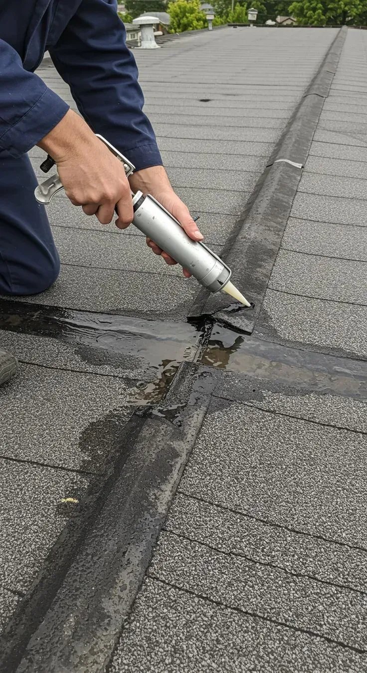 Person kneeling on a shingle roof, applying sealant from a caulk gun to a seam.