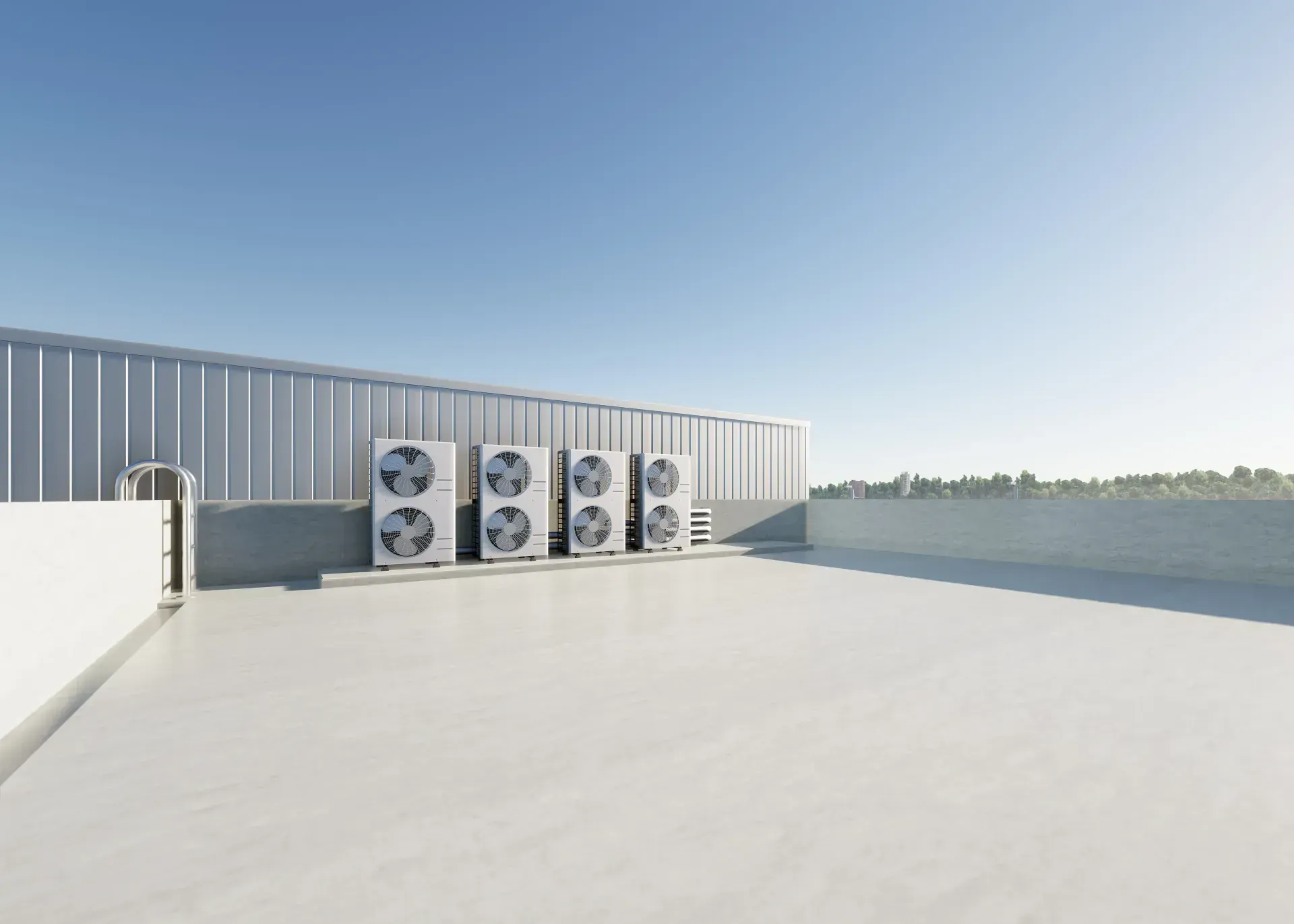 Air conditioning units on a flat rooftop against a clear blue sky.