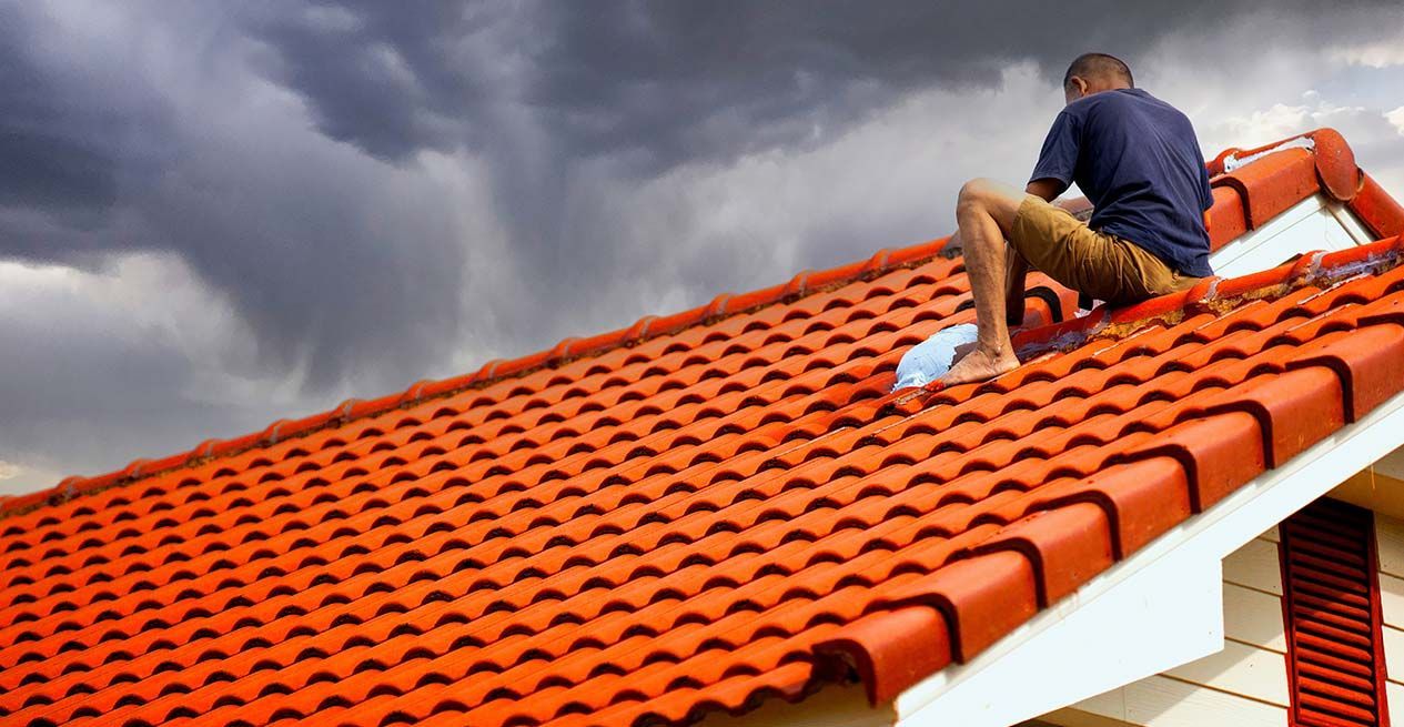 Man on a red tile roof, cloudy sky, potential rain.