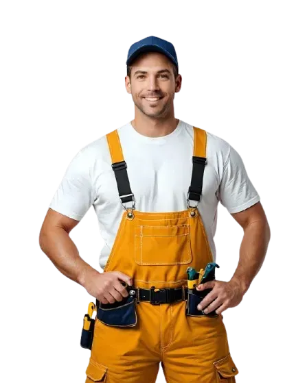 Smiling worker wearing yellow overalls, white shirt, and blue cap, with tools in belt pockets.