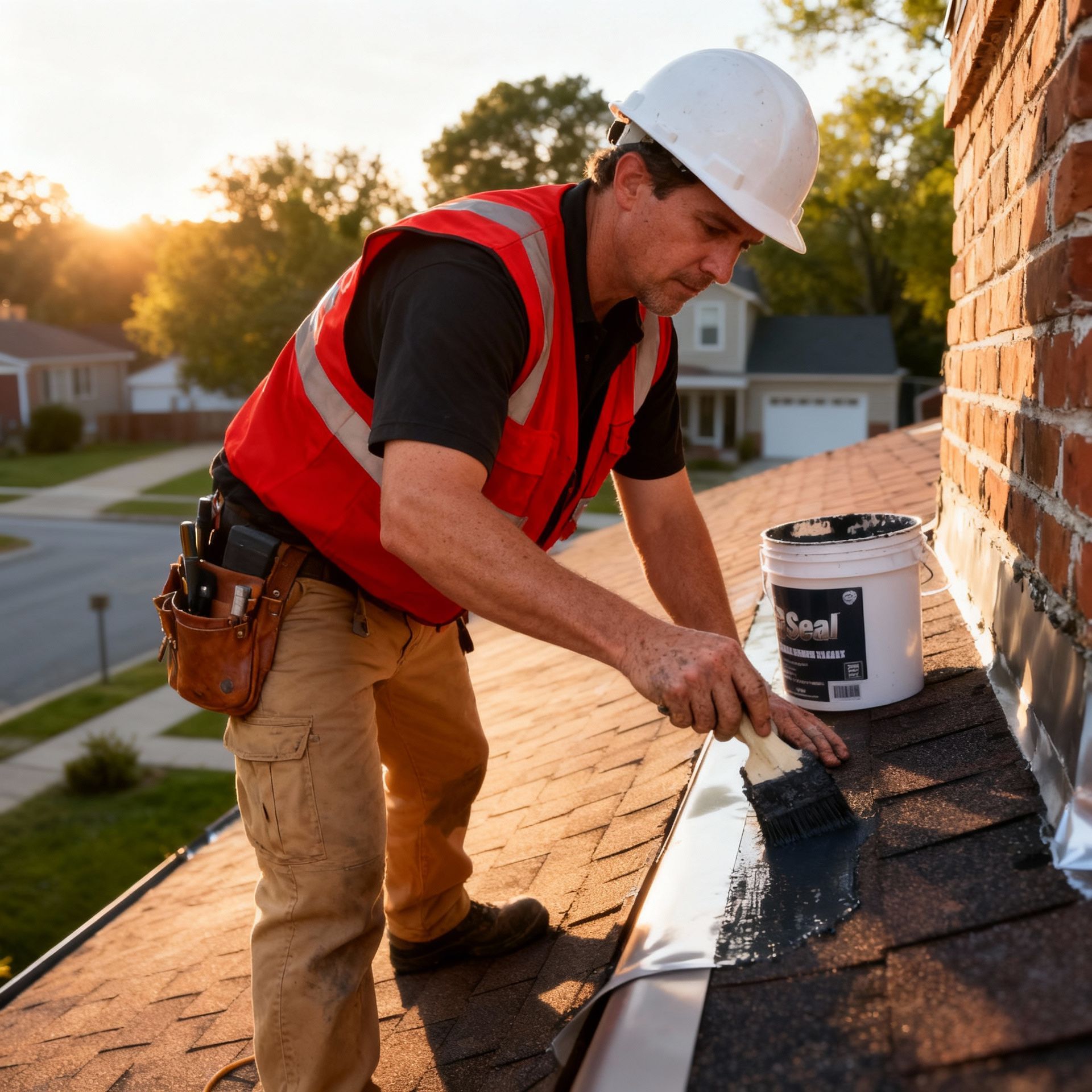 Roofers working on a building roof, partially covered in new shingles. Brown and gray shingles are visible.