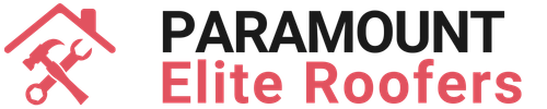 Logo for Paramount Elite Roofers: House icon with tools, company name in black and red.