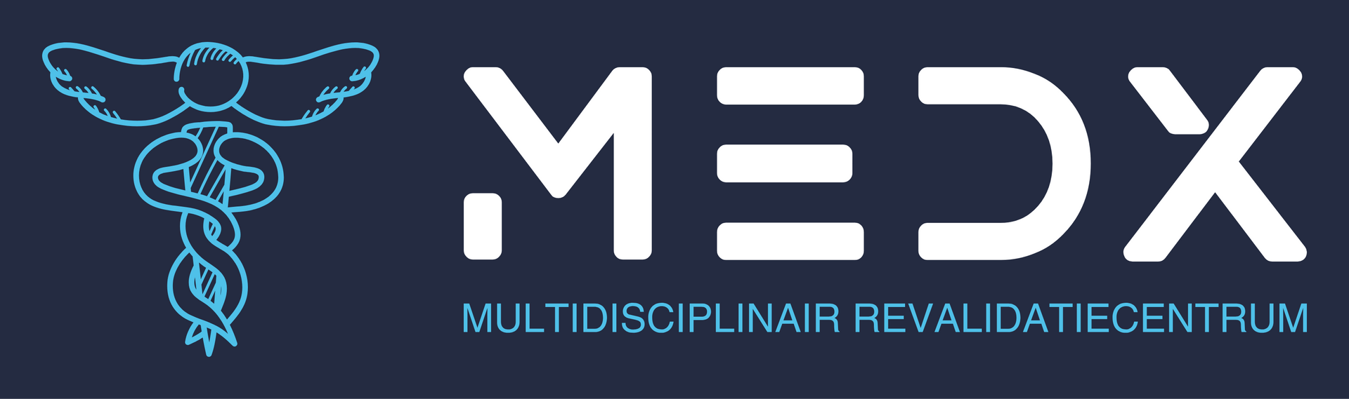 Logo voor MEDX, een multidisciplinair revalidatiecentrum, met een medisch symbool en de tekst