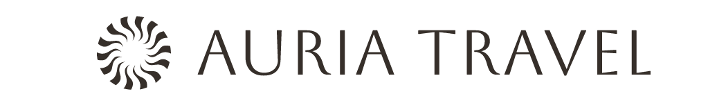 A black and white logo for Auria Travel