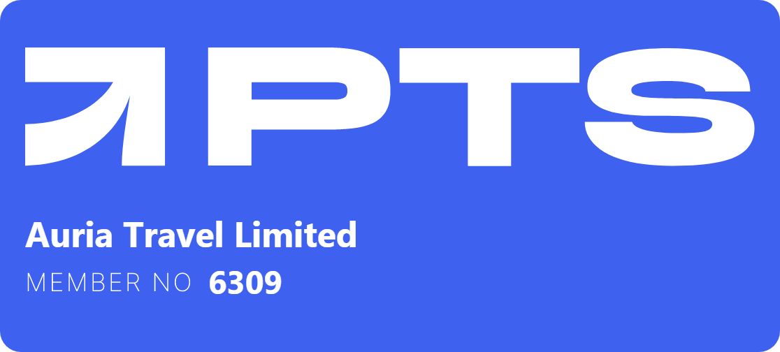 A blue and white logo for PTS and Auria Travel Limited