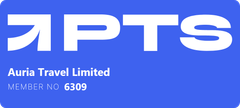 A blue and white logo for PTS and Auria Travel Limited