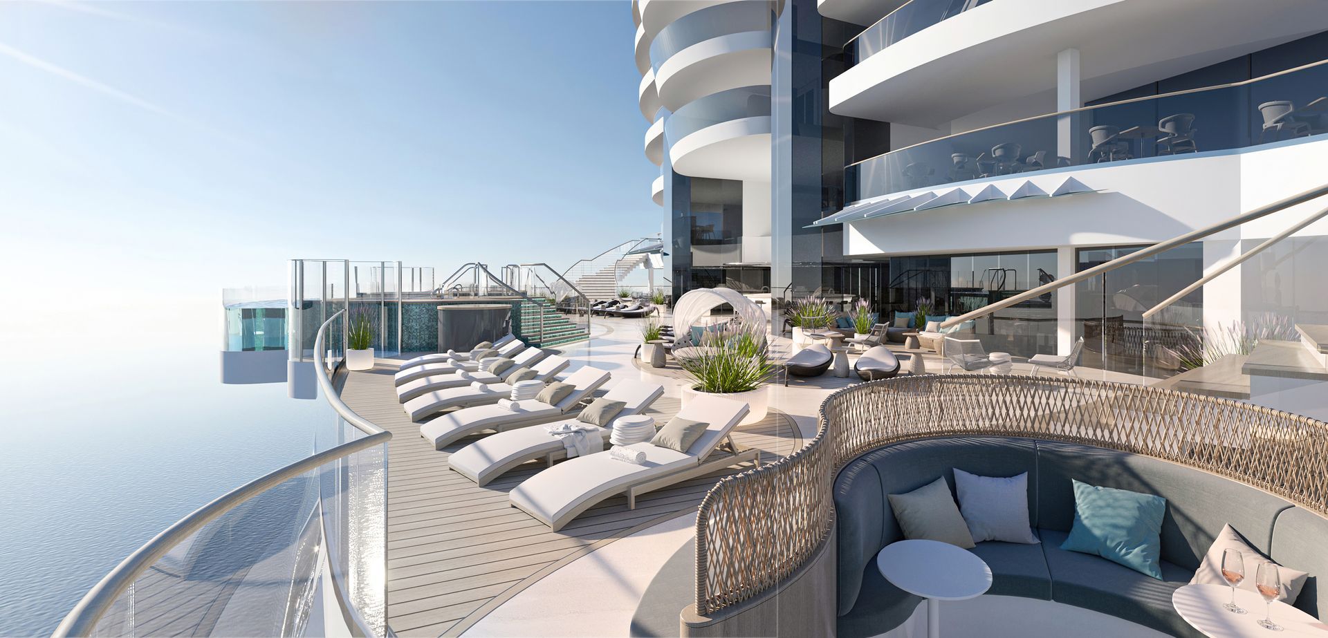 An artist 's impression of the infinity pool on a cruise ship.