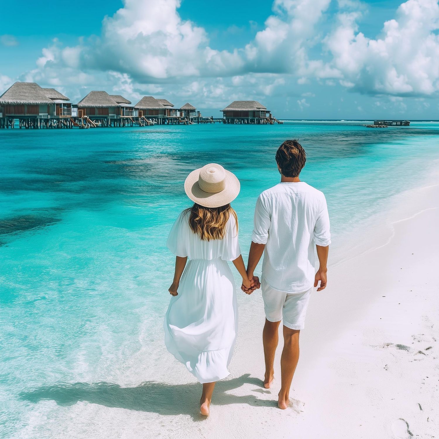 A man and a woman are walking on a beach holding hands.