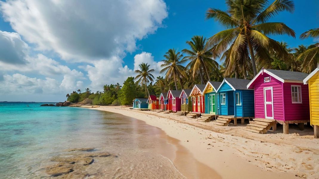 A row of colorful beach huts on a tropical beach.