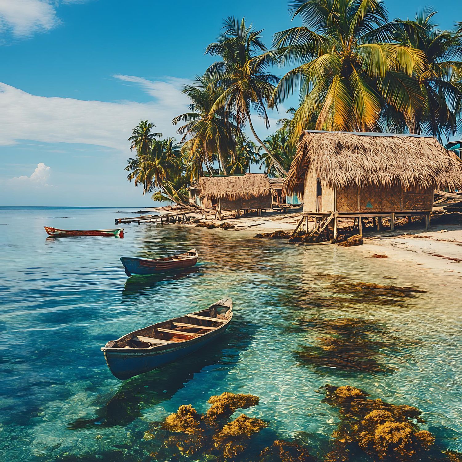 A boat is floating on the water near a thatched hut on a tropical beach.
