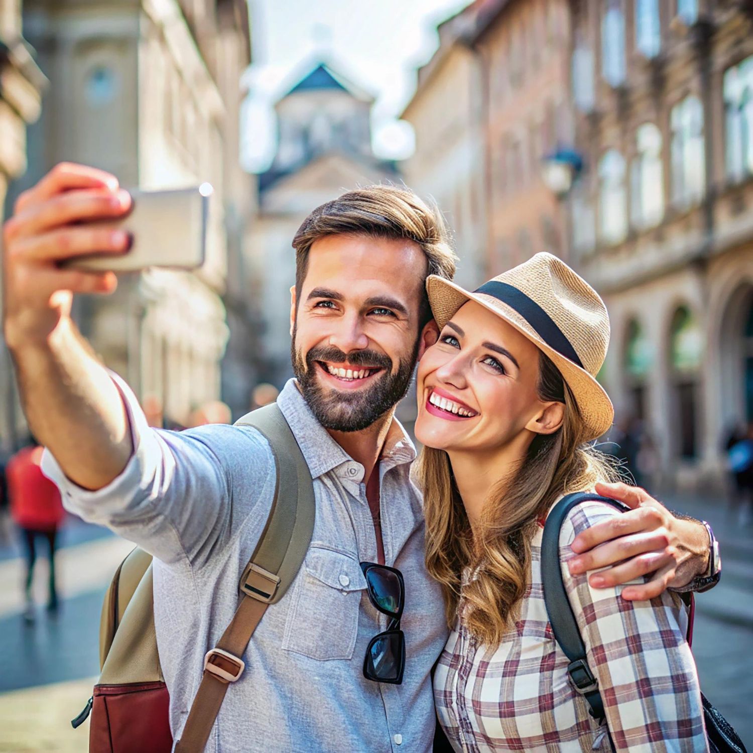 A man and a woman are taking a selfie on a city street.