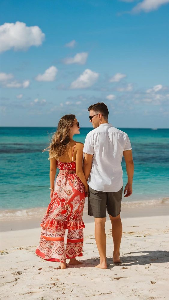 A man and a woman are standing on a beach holding hands and looking at the ocean.