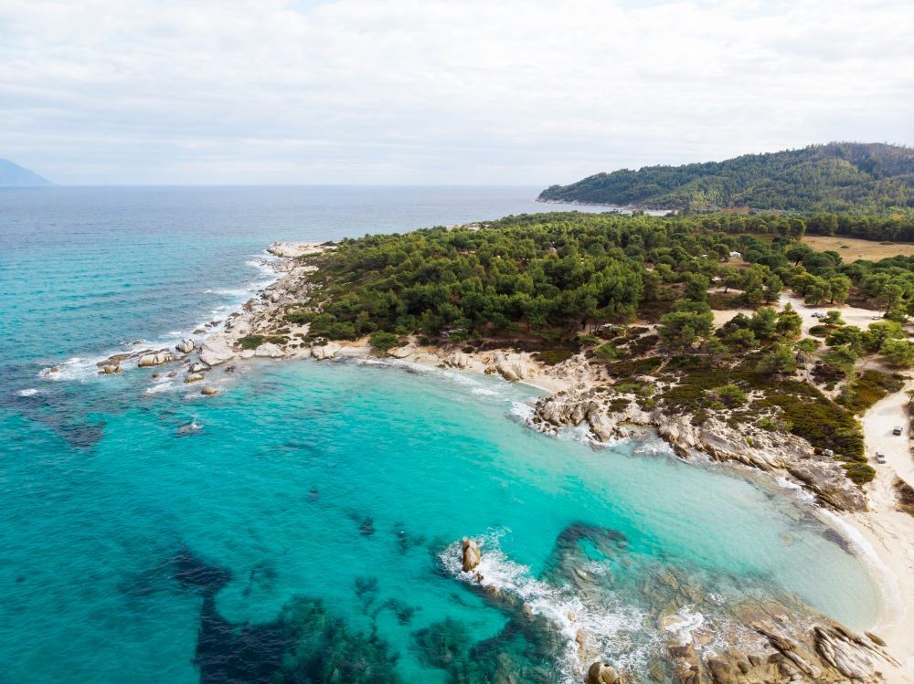 An aerial view of a turquoise beach with trees on the shore.