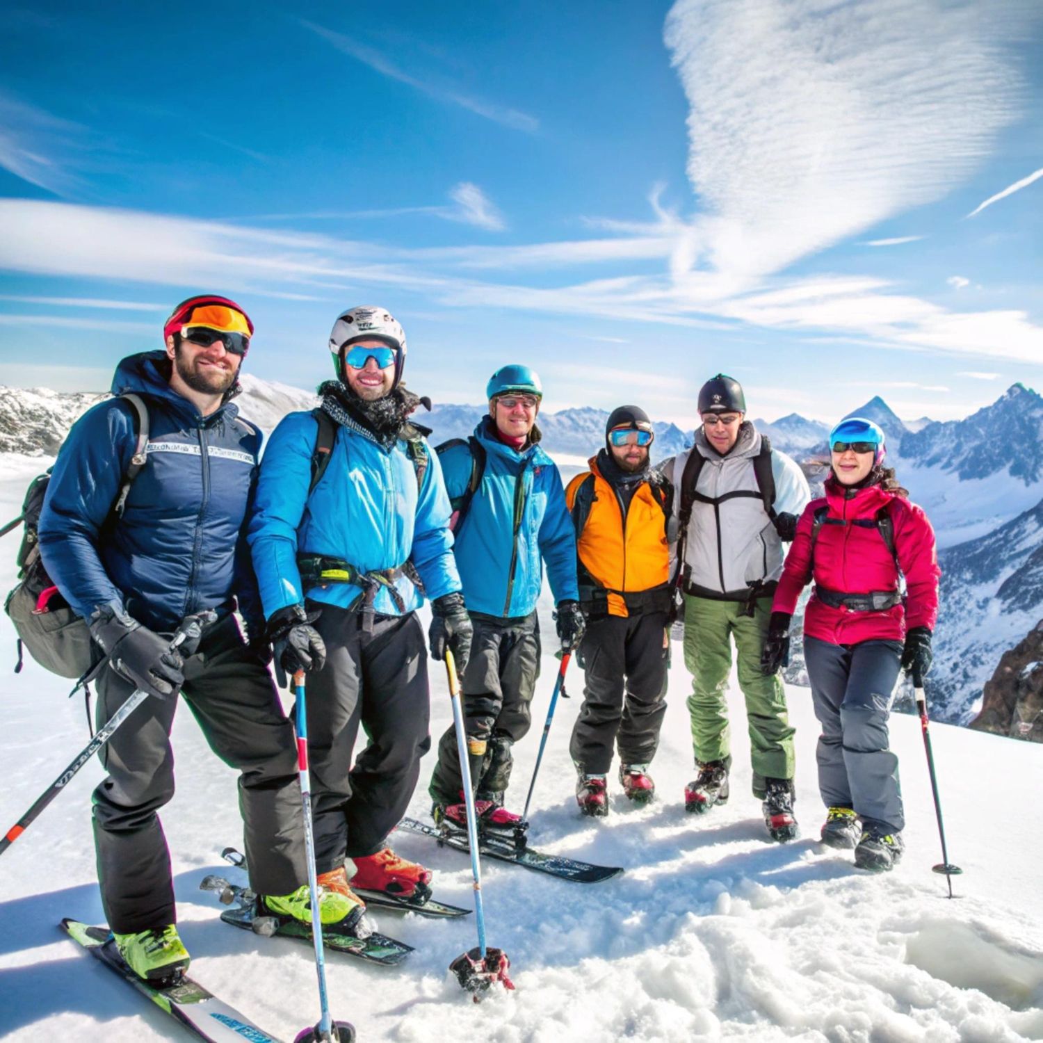 A group of people standing on top of a snow covered mountain