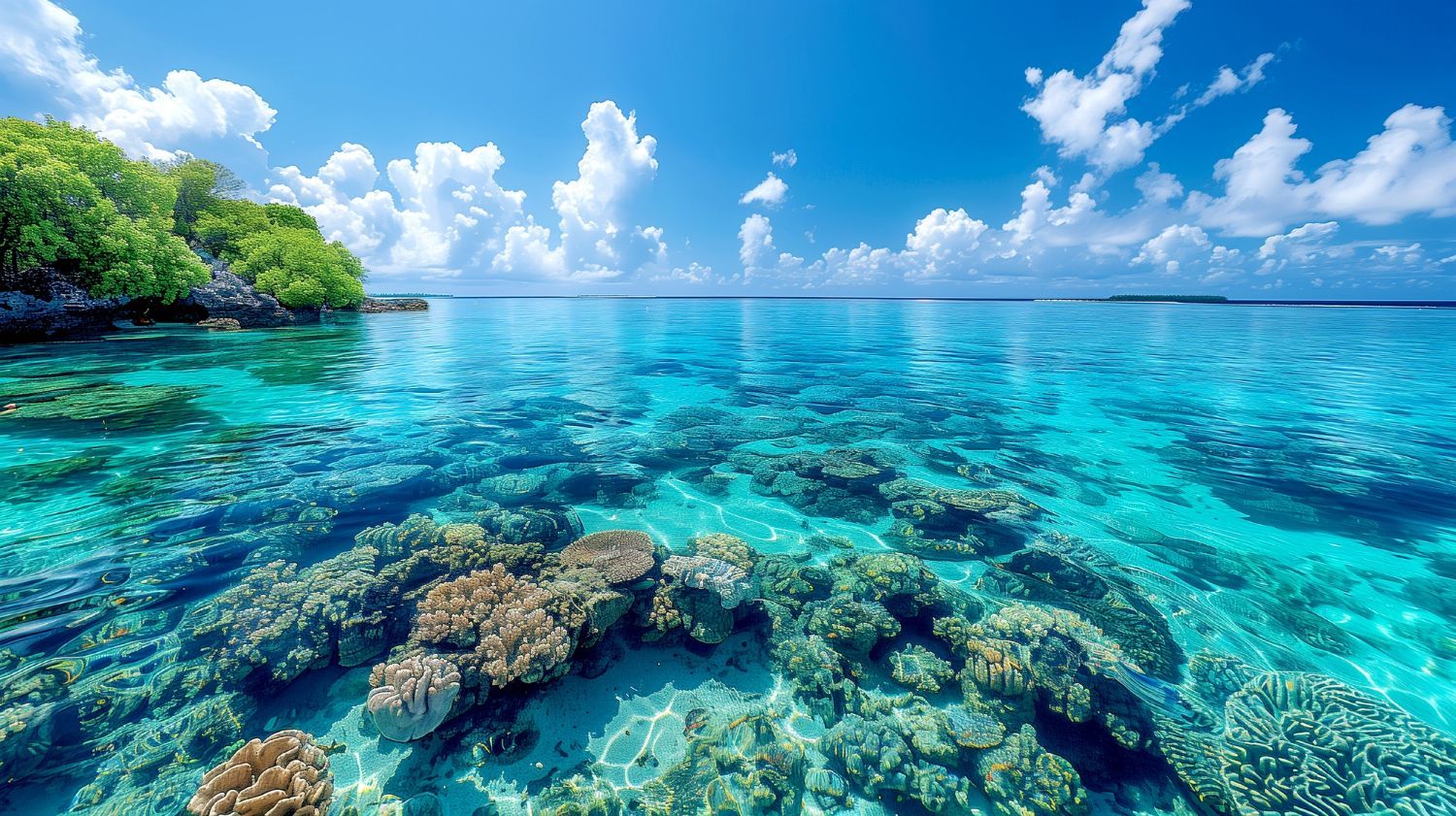 There is a coral reef in the middle of the ocean.