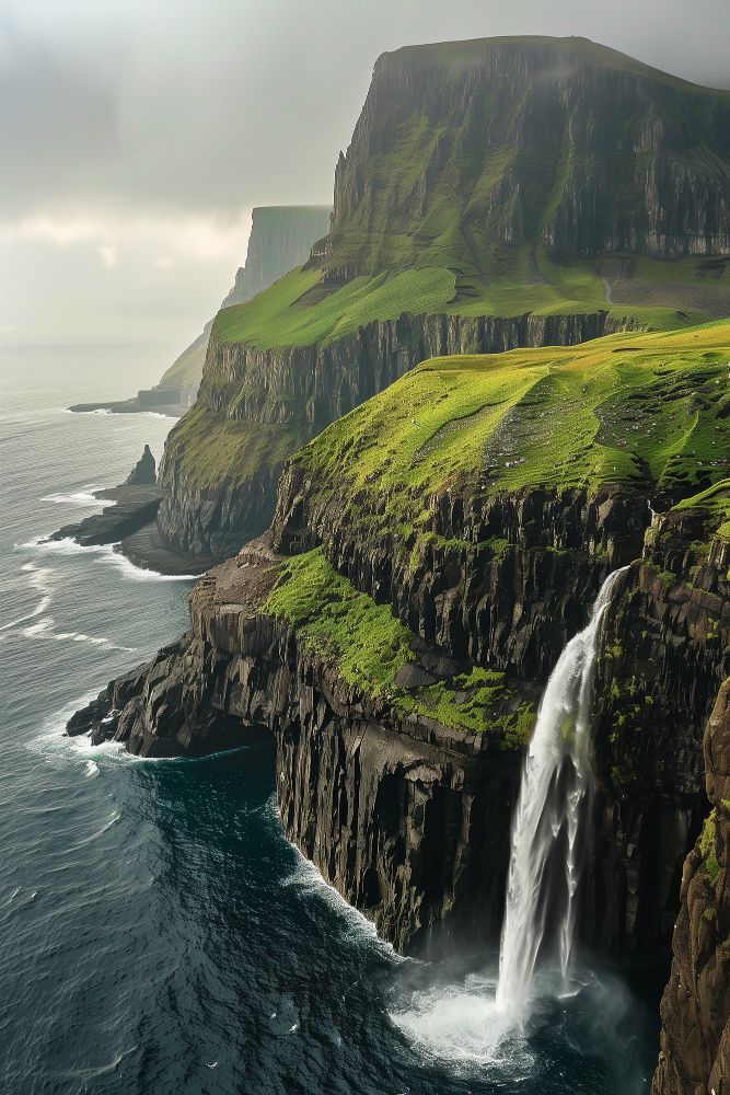 There is a waterfall on the cliff near the ocean.