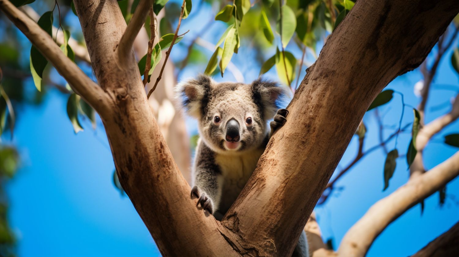 A koala bear is sitting in a tree looking at the camera.