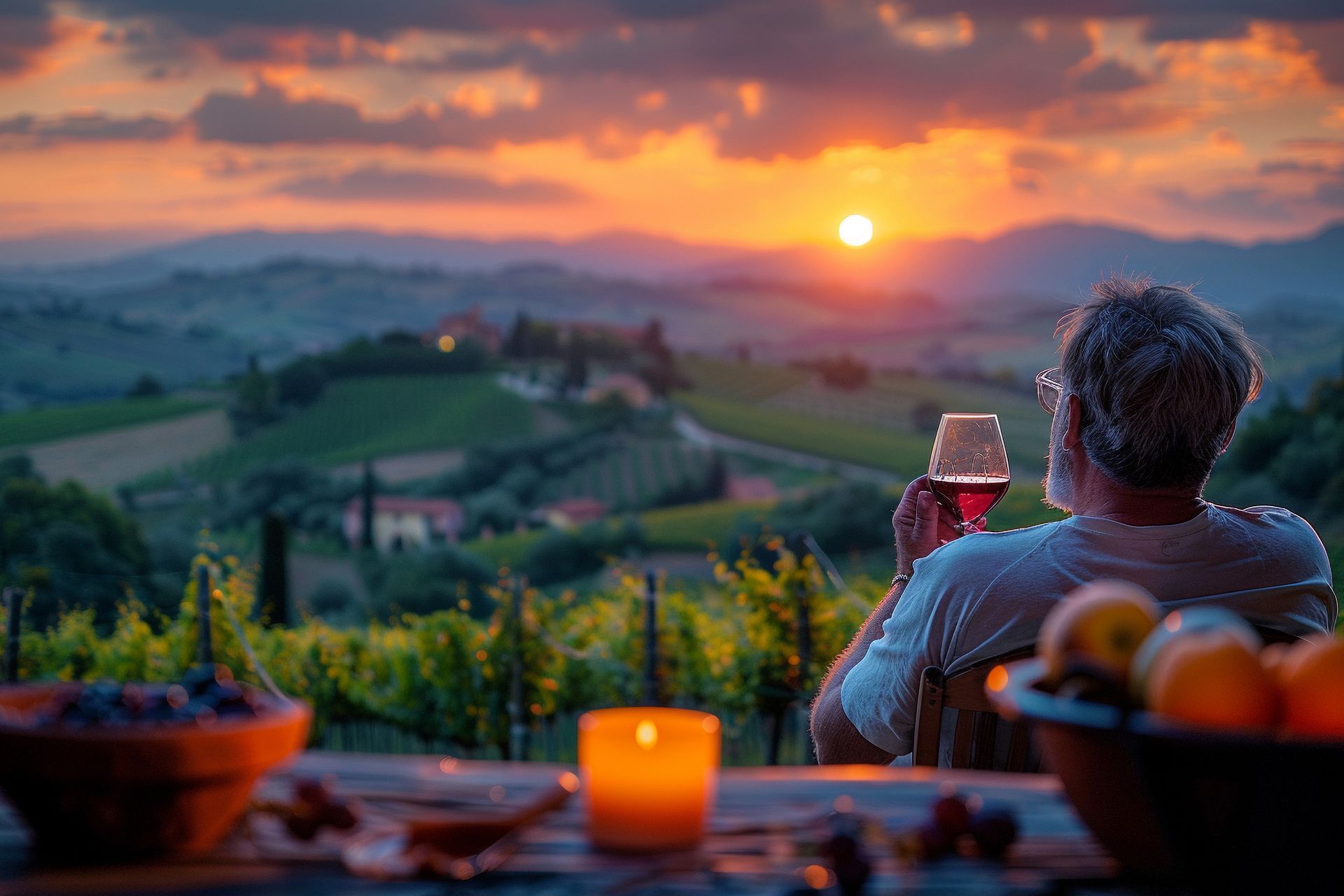 A man is sitting at a table holding a glass of wine.