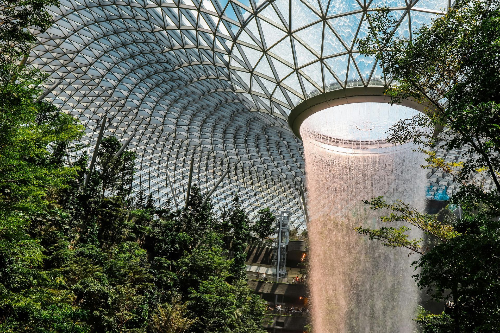 A waterfall is hanging from the ceiling of a building surrounded by trees.