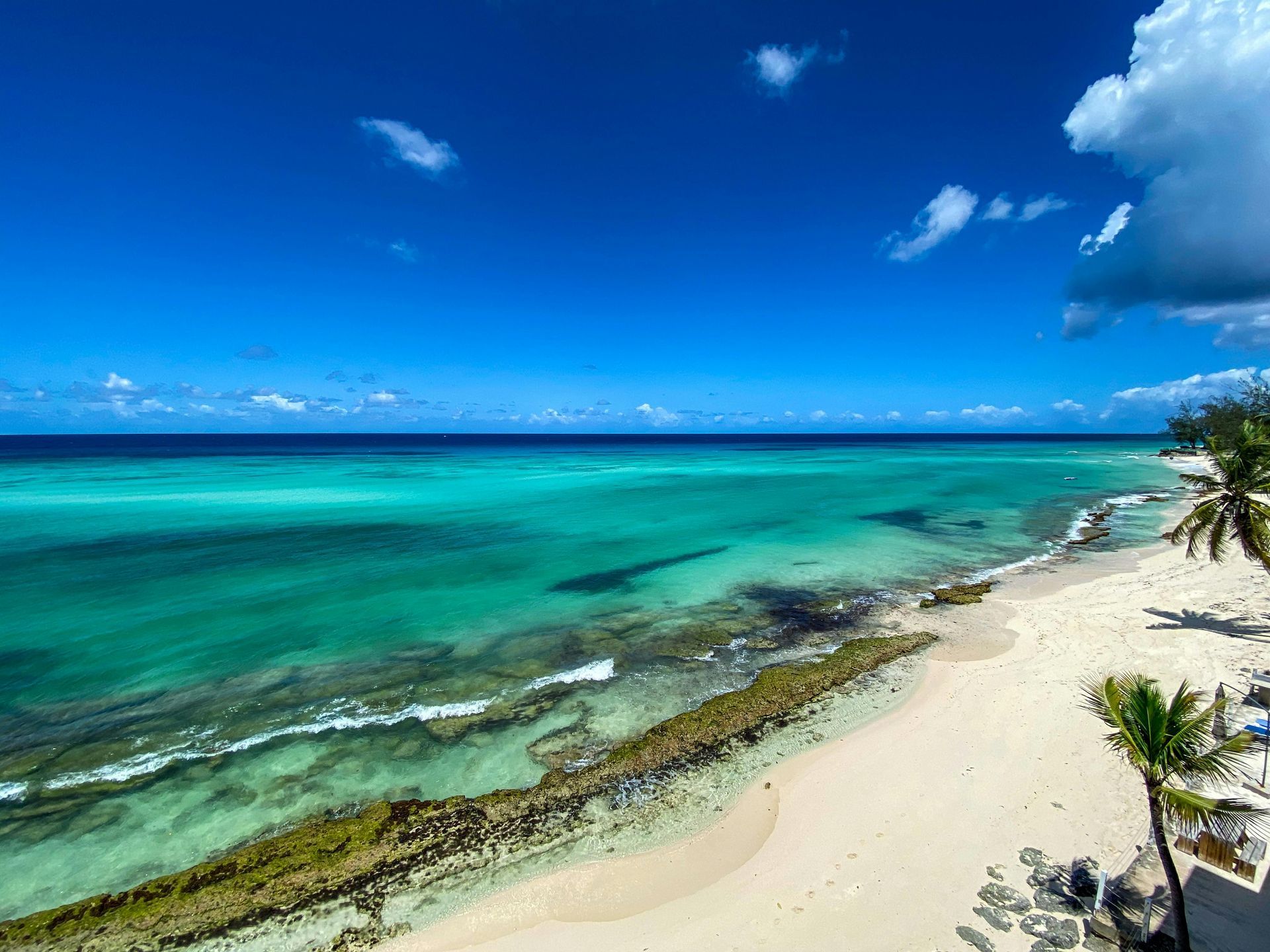 An aerial view of a tropical beach with palm trees and turquoise water.