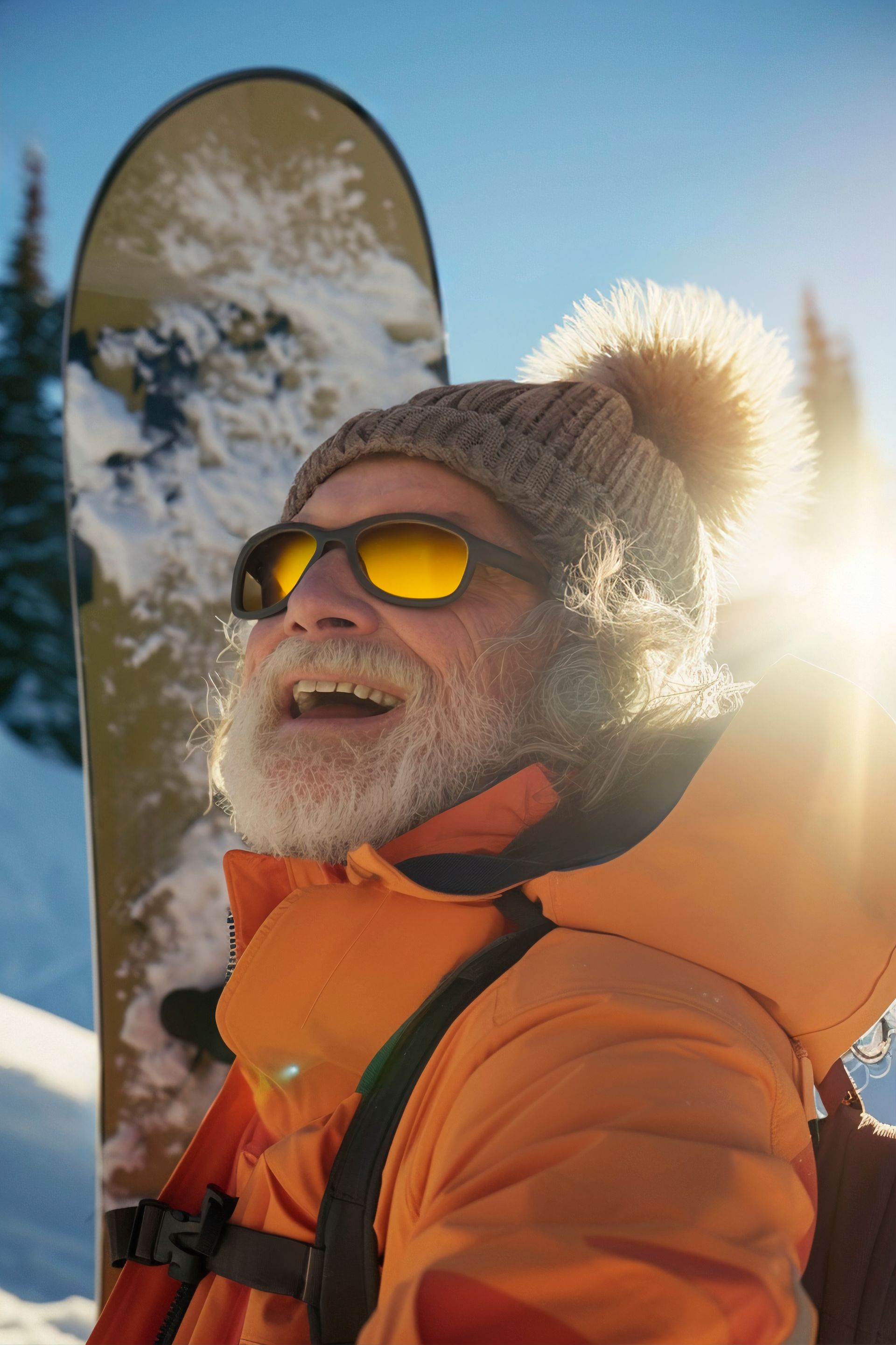 A man with a beard and sunglasses is holding a snowboard in the snow.