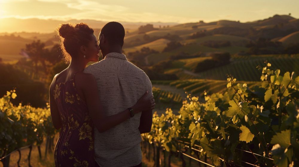 A man and a woman are standing in a vineyard at sunset.