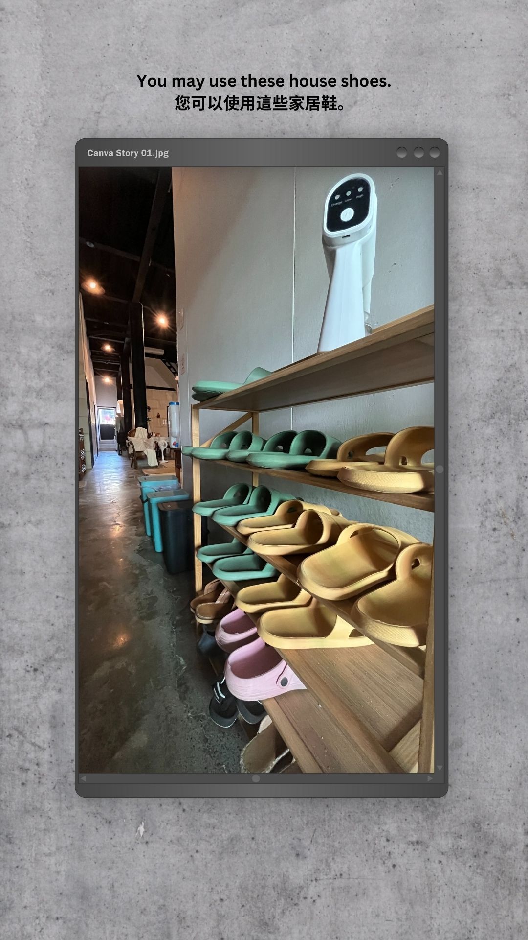 A row of shoes are lined up on a shelf in a room.