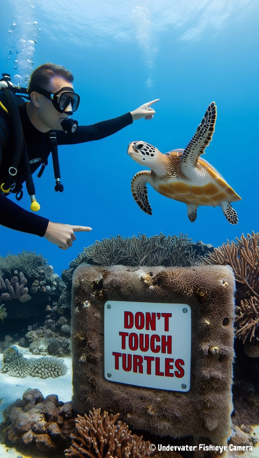 A scuba diver points to a sign that says do n't touch turtles