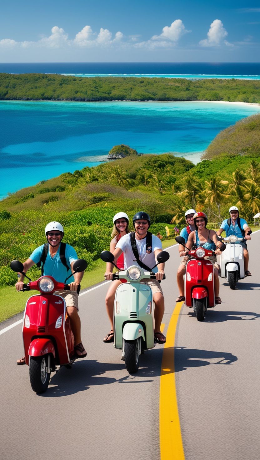 A group of people are riding scooters down a road