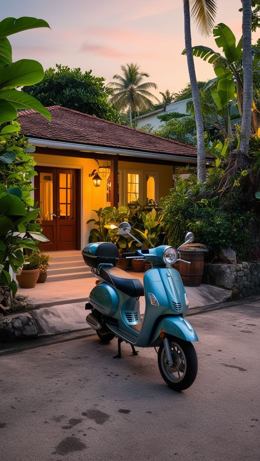 A blue scooter is parked in front of a house