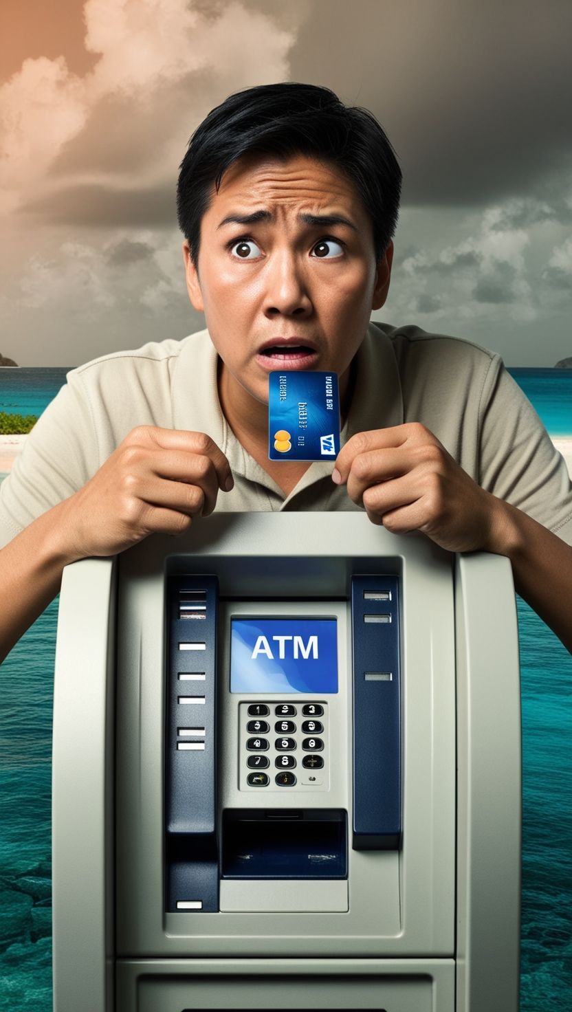 A man is holding a credit card in front of an atm machine.