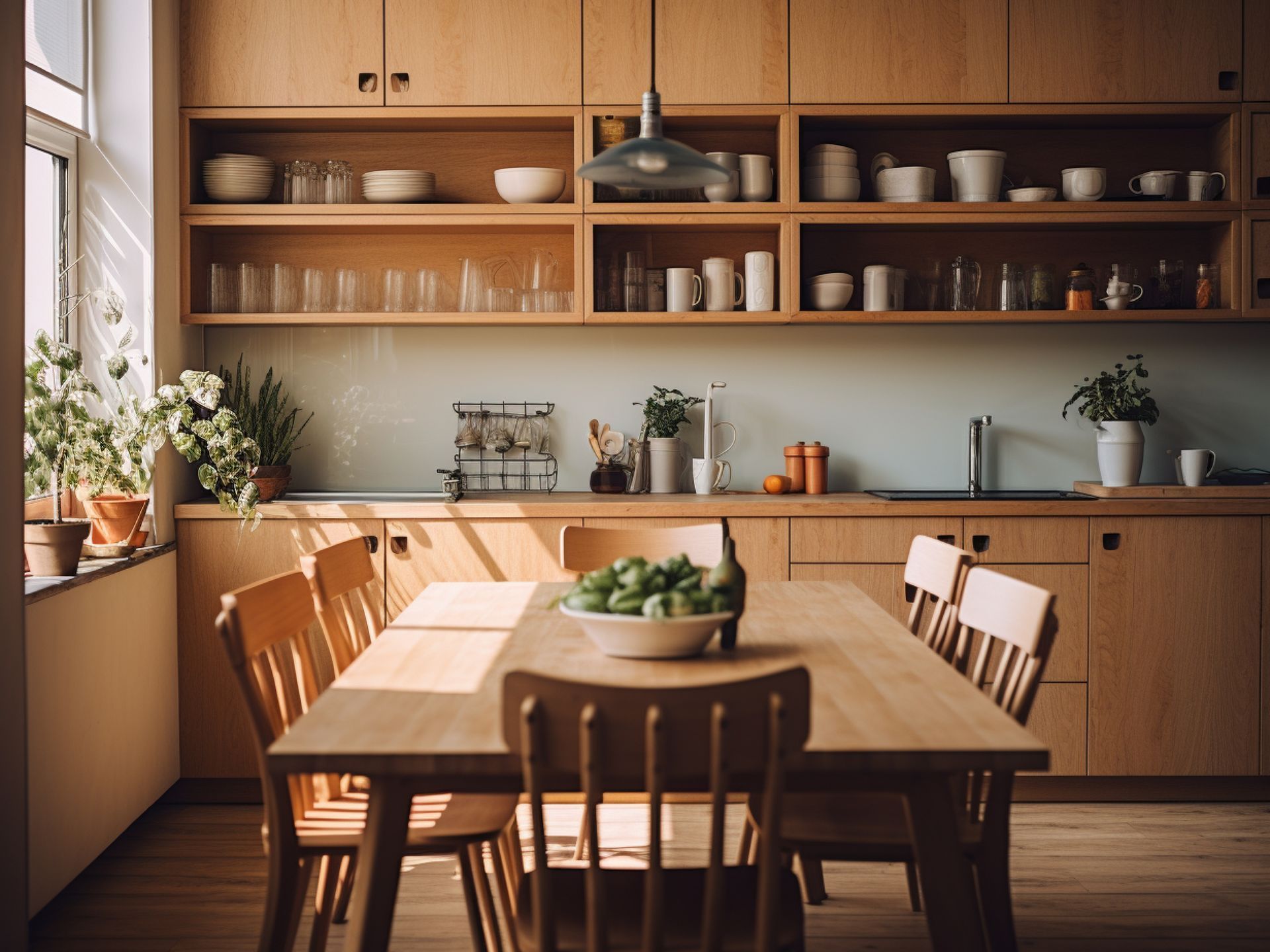Cucina in legno con tavolo e sedie