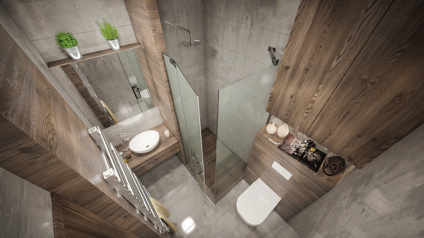 Bagno moderno con dettagli in legno