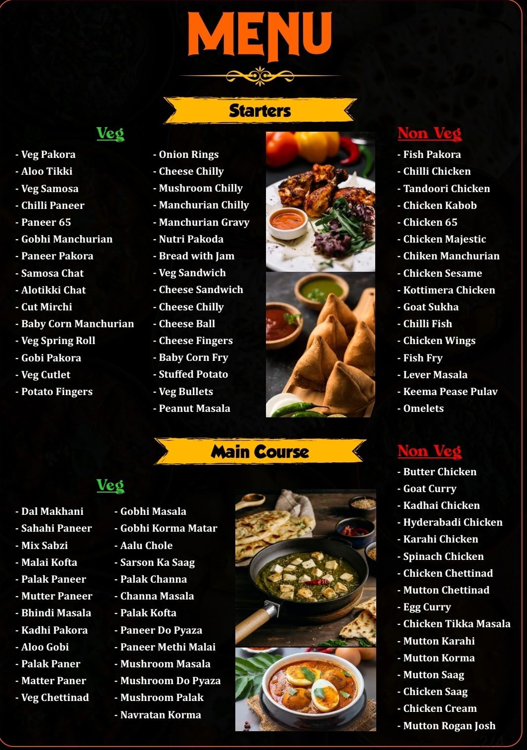 starters and mains menu