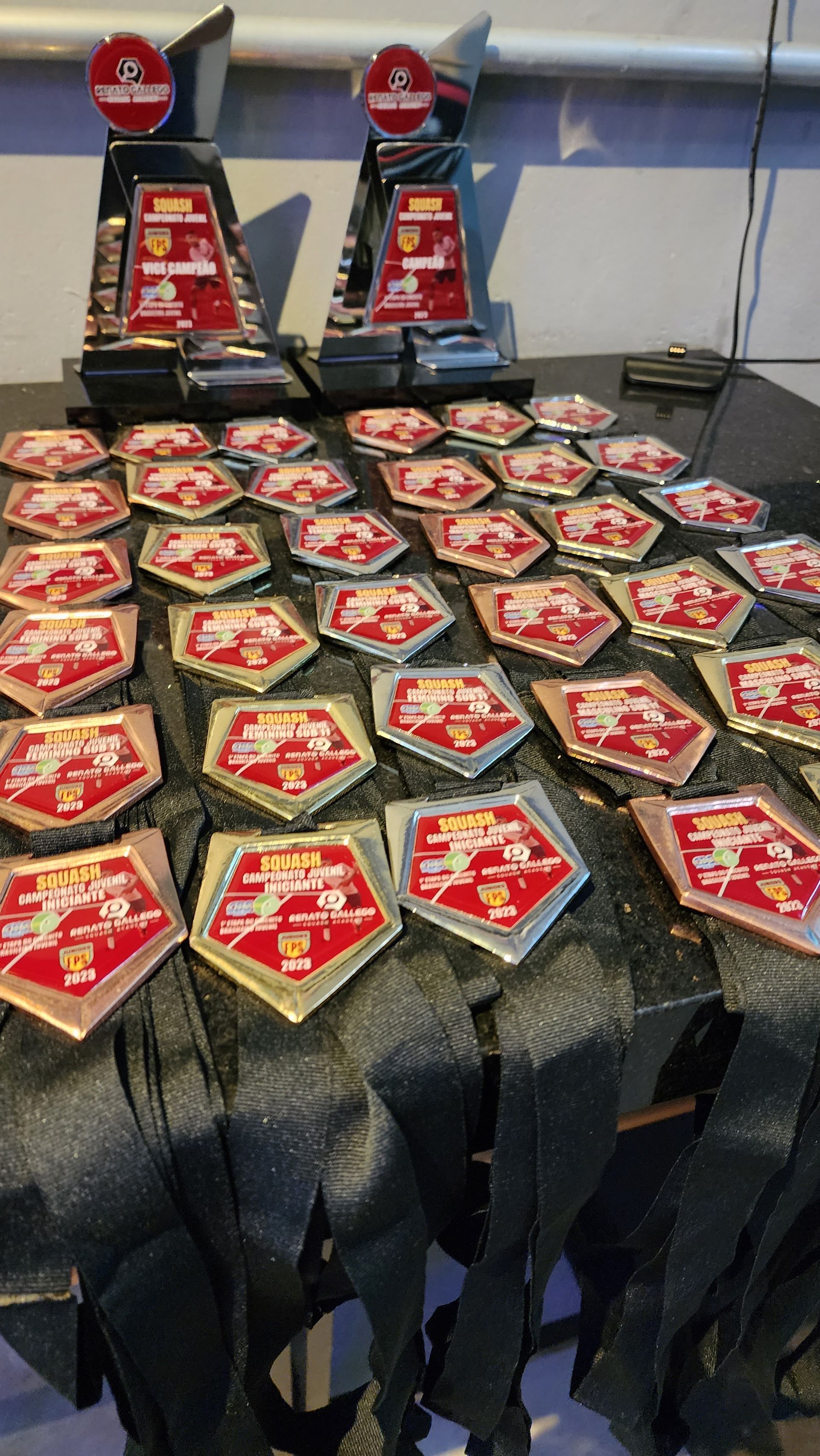 Uma mesa coberta com um monte de troféus e medalhas.