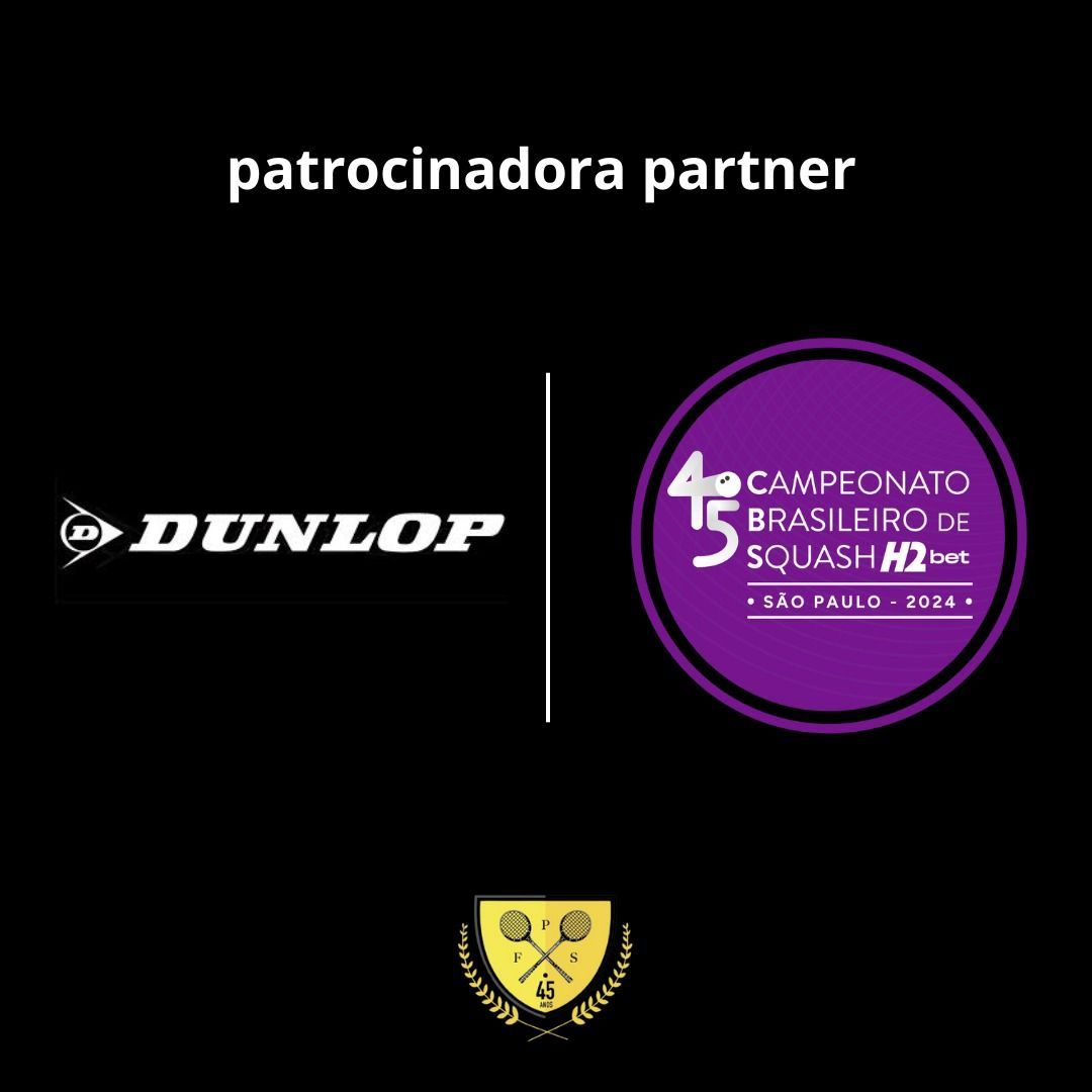 Um logotipo da Dunlop está em um fundo preto ao lado de um logotipo da Squash.