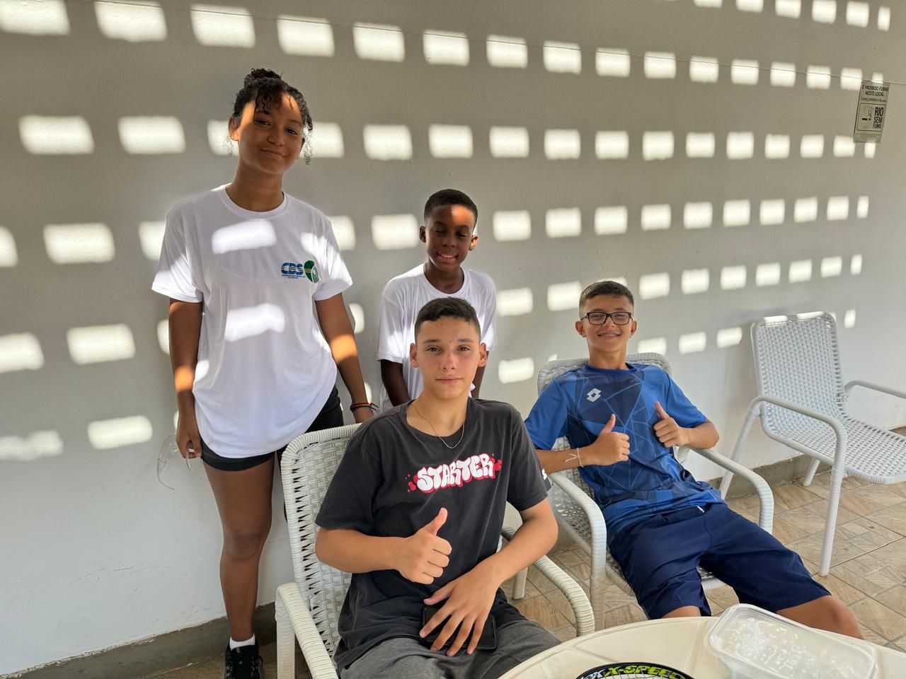 Um grupo de jovens está posando para uma foto e fazendo sinal de positivo.