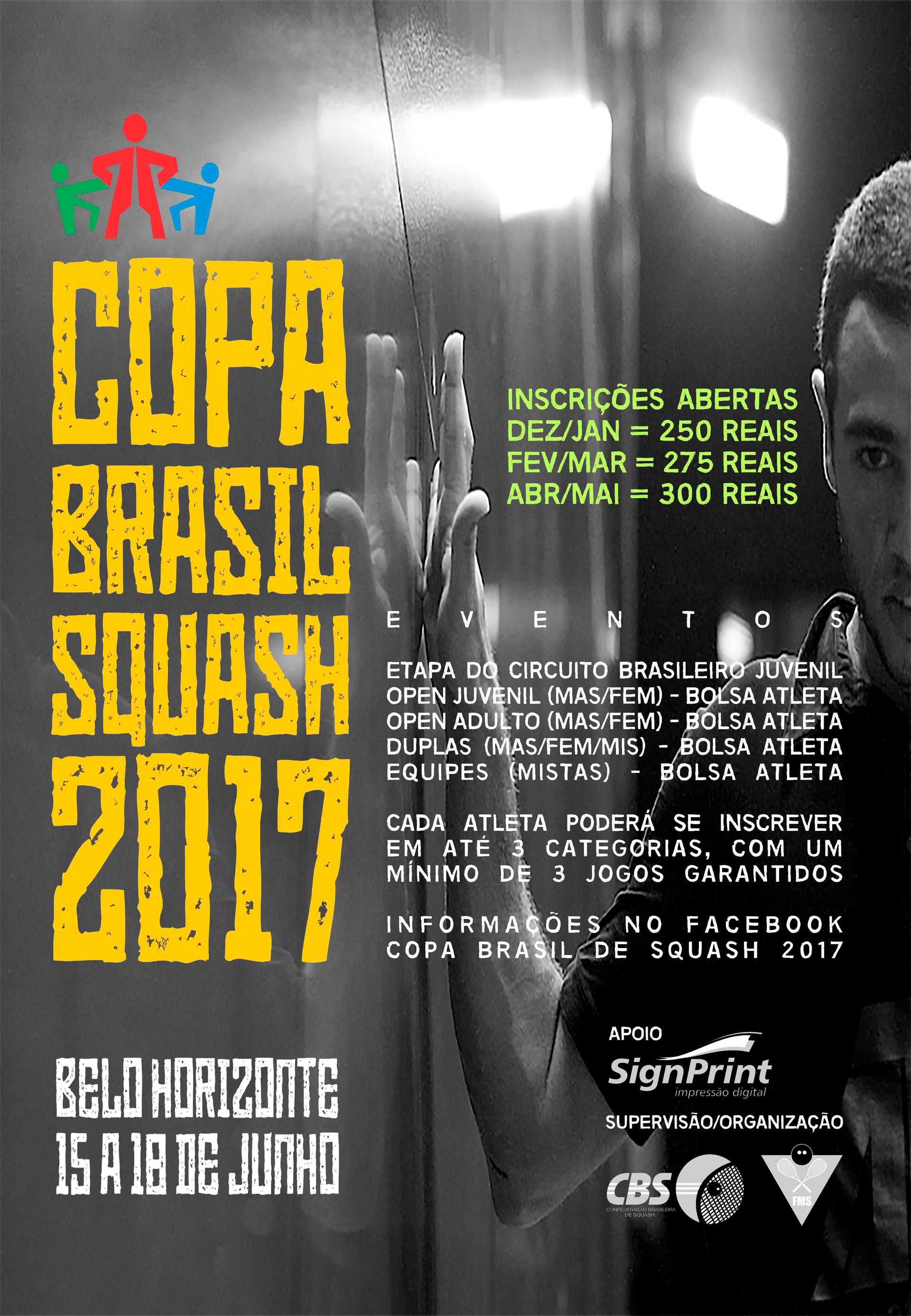 Um cartaz da copa brasil squash 2017 com um homem nele