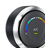 Circular car A/C control knob with temperature display, chrome bezel.