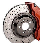 Perforated brake disc and red caliper.