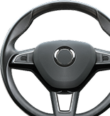 Dark gray car steering wheel with central emblem and control buttons.