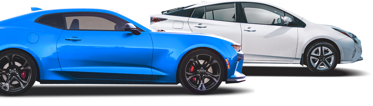 Blue sports car and white Prius side by side.