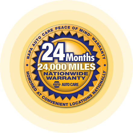 NAPA Auto Care warranty badge: 24 months, 24,000 miles, nationwide warranty, in yellow and blue.