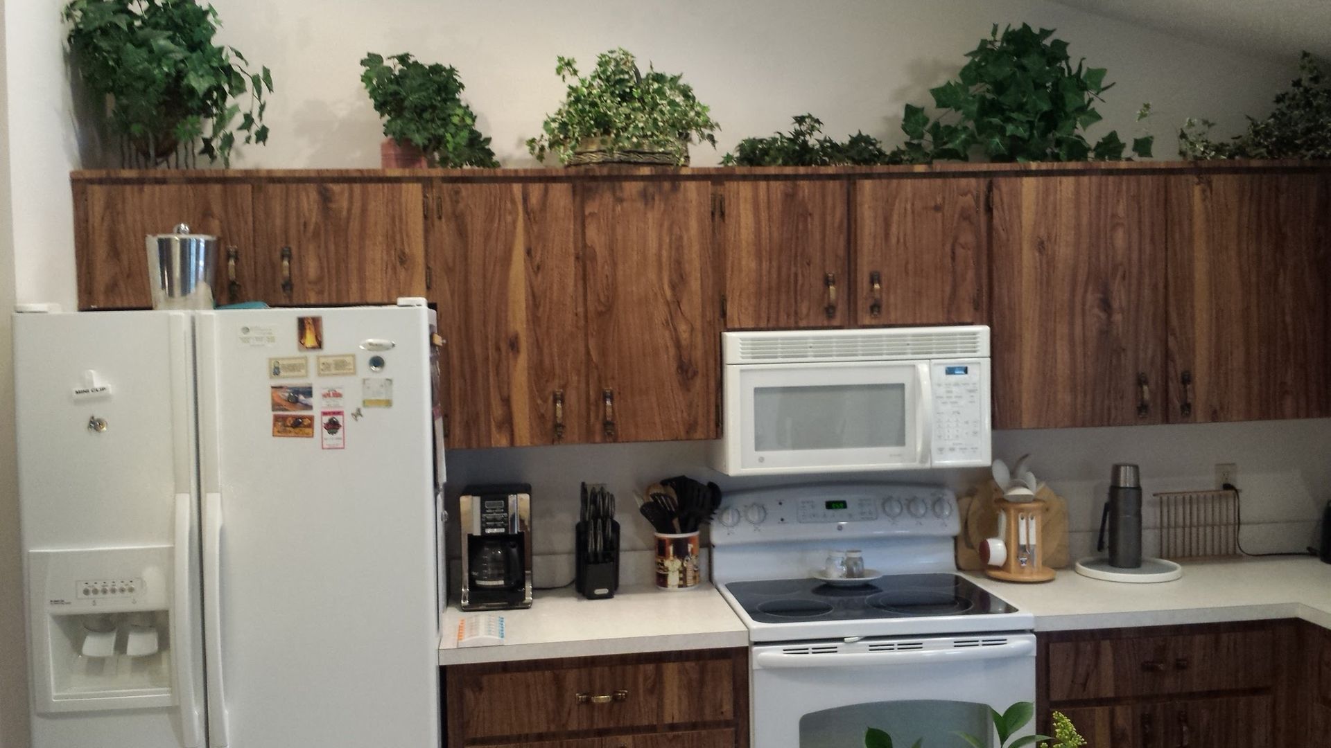 A kitchen with a refrigerator , stove , microwave and wooden cabinets.
