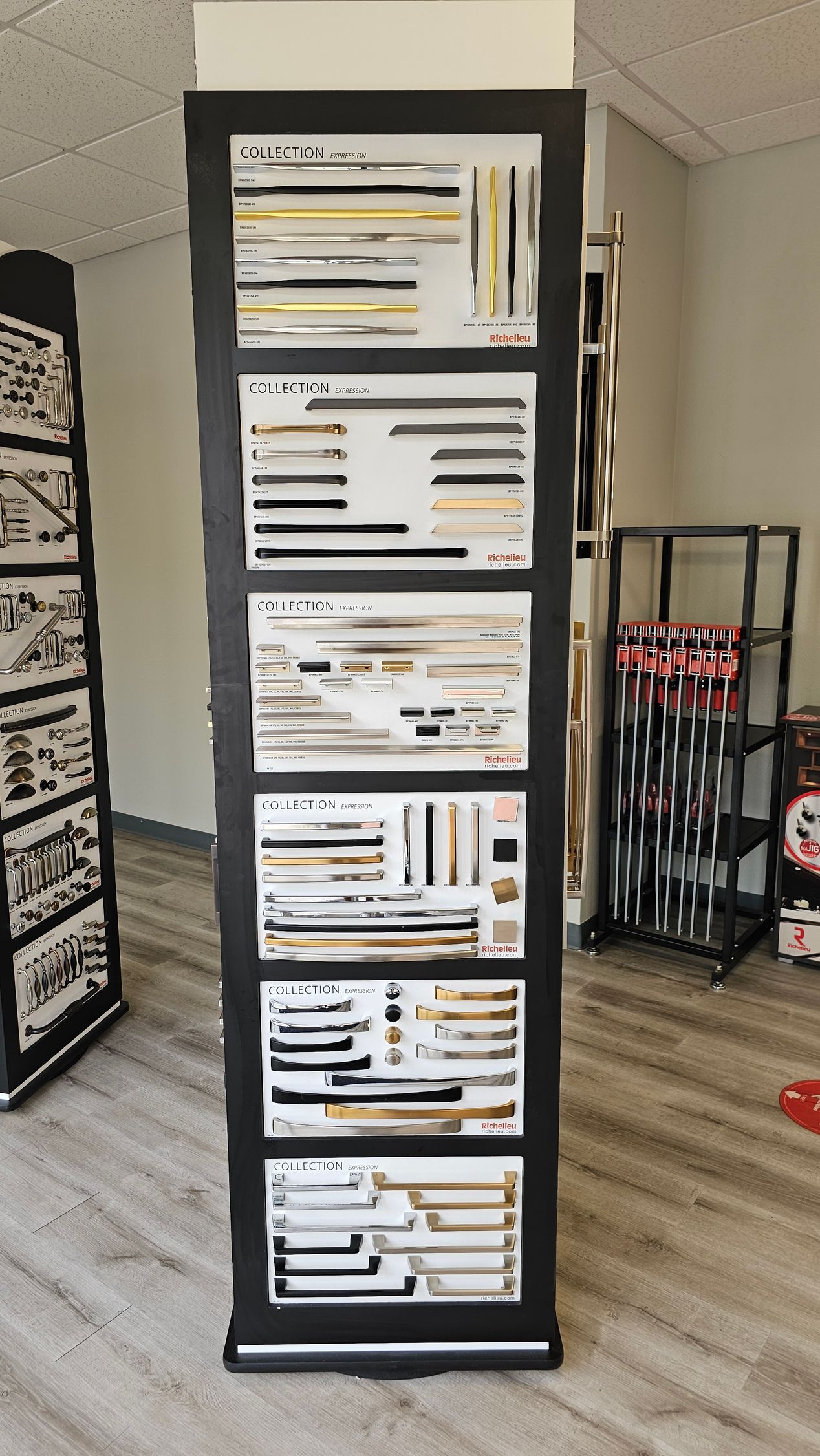 A display case filled with lots of different types of hardware in a store.