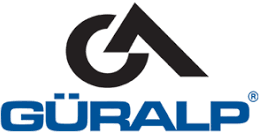 A blue and black logo for güralp on a white background