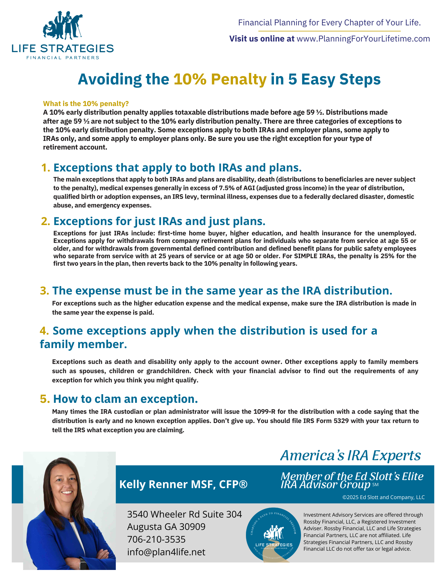 Informational graphic about avoiding a 10% penalty, with a woman in a blue blazer.