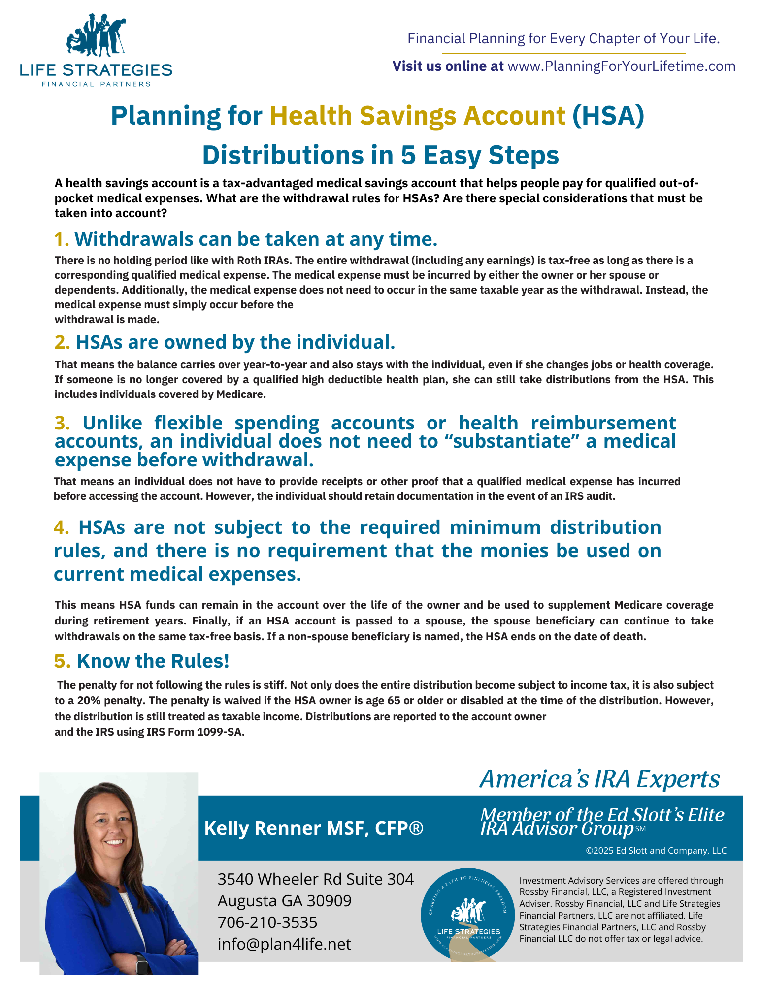 Document outlining 5 steps for HSA distributions, featuring a woman's portrait.