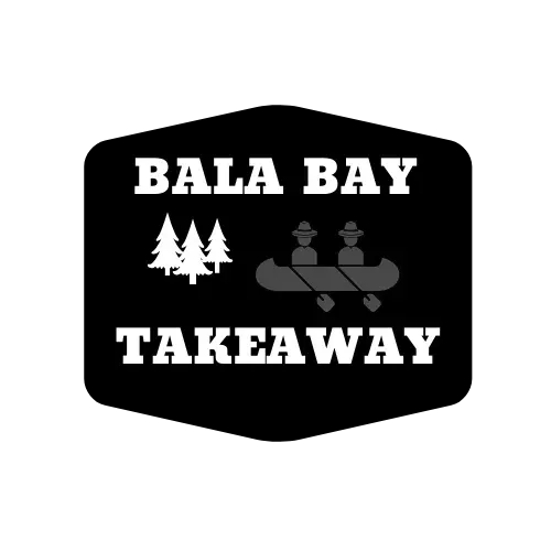 A black and white logo for bala bay takeaway with a canoe and trees.