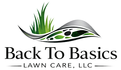 Logo for Back To Basics Lawn Care, LLC, featuring green grass growing out of a stylized, wave-shaped metallic leaf.